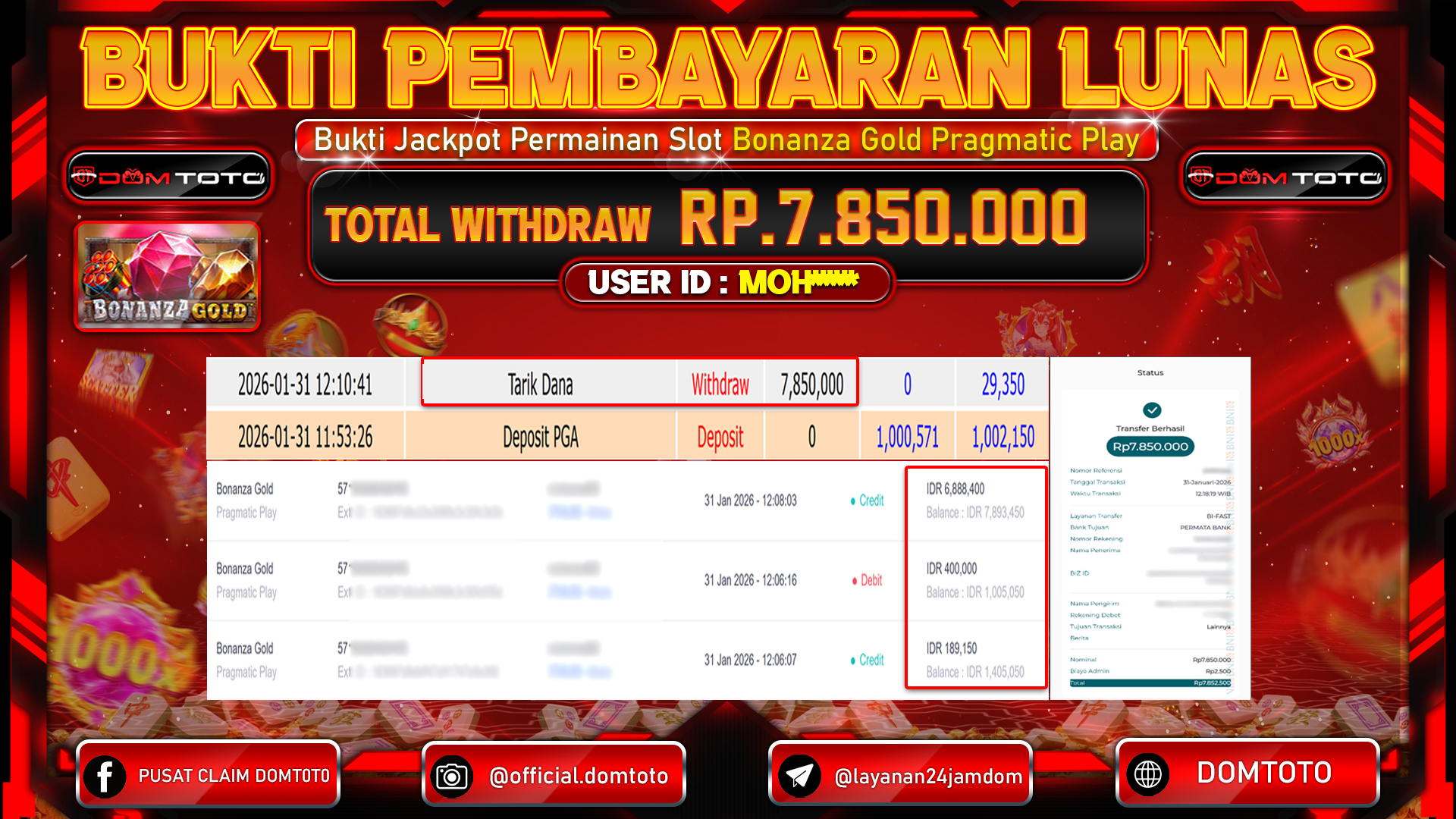 JACKPOT SLOT Bonanza Gold PRAGMATIC PLAY 31 JANUARI 2026